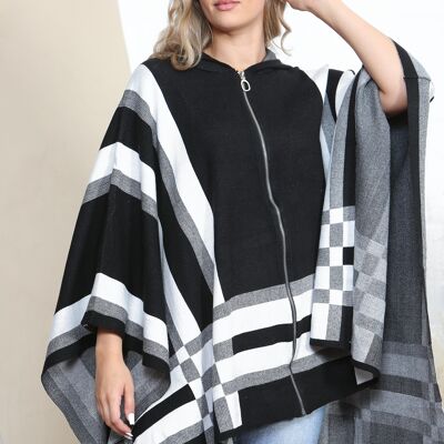 Poncho con cappuccio e zip nero/bianco