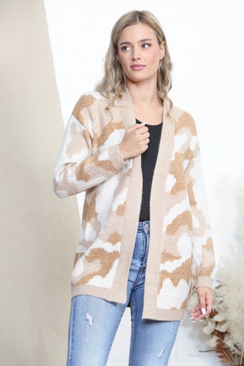Beige long sleeve cardigan with camouflage print