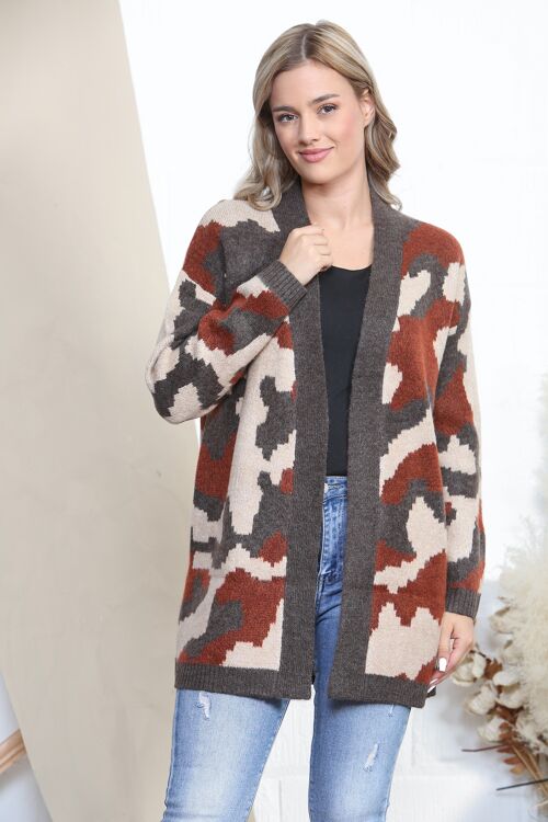 Brown long sleeve cardigan with camouflage print