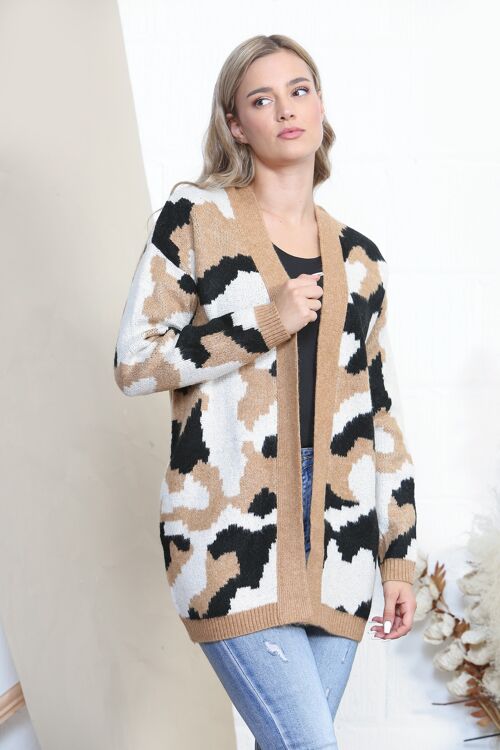 Camel long sleeve cardigan with camouflage print