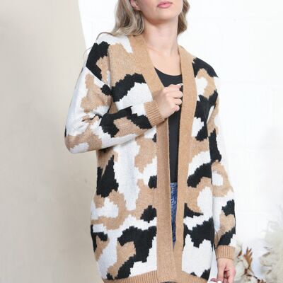 Camel long sleeve cardigan with camouflage print