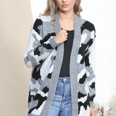 Grey long sleeve cardigan with camouflage print