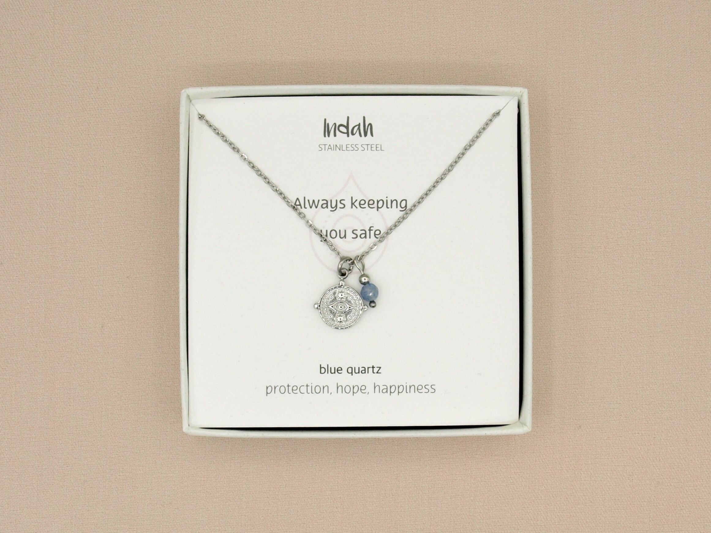 Collier roche, Nazar et quartz bleu, acier inoxydable argenté ou doré