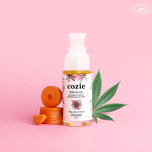 Cozie - Huile de soin aux huiles de chanvre, calendula, prune et carotte - corps, visage, cheveux