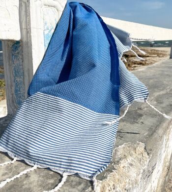 Serviette de Hammam Fouta Nid d'Abeille Rayures - Bleu Lapis - 100x200cm 1