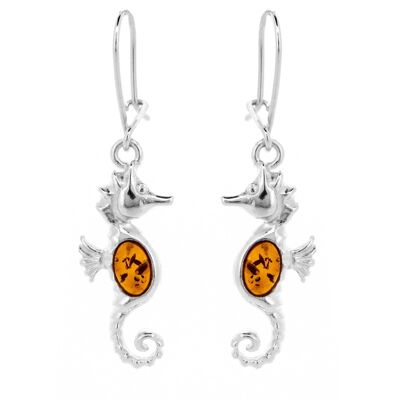 Cognac Amber Seahorse Silver Earrings with Presentation Box