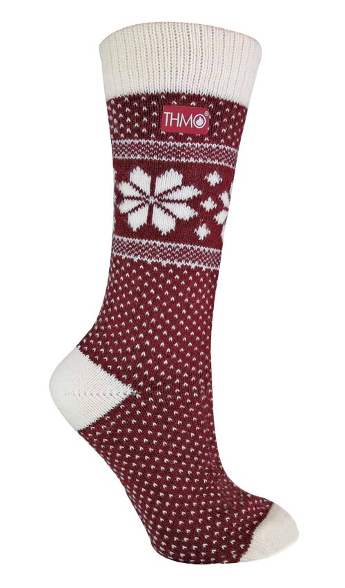 THMO - Ladies Vintage Nordic Fairisle Style Winter Wool Blend Socks (4-8 UK) (Fairisle Red / Cream)