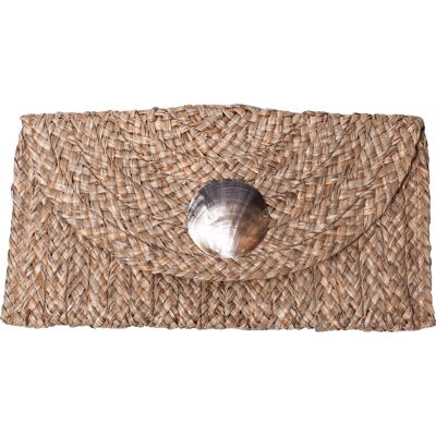 Envelope-size pouch in natural straw with seashell decoration
