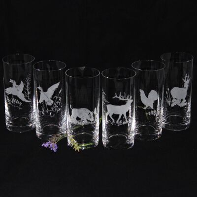 6 x drinking glasses 300 ml with engraving hunting motifs | Water glasses with 6 different engravings | wildlife