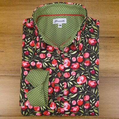 Camisa Grenouille de manga larga con flores negras, rojas y verdes