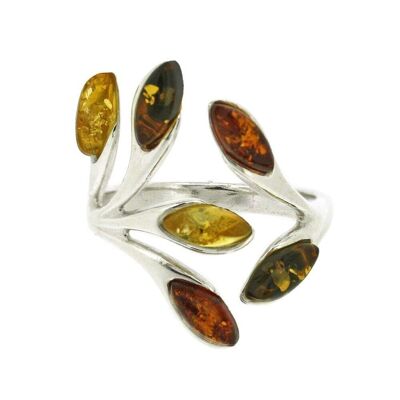 Mixed Amber Branch & Leaves Size N Ring with Presentation Box
