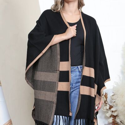 Black/Camel striped tassel poncho