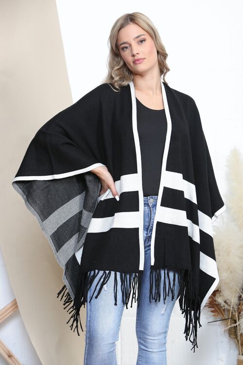 Black/White striped tassel poncho