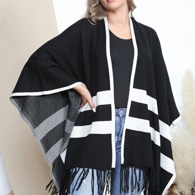 Poncho borlas rayas negro/blanco