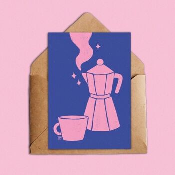 Carte postale cafetière rose et bleu nuit "magic coffee" A6 1