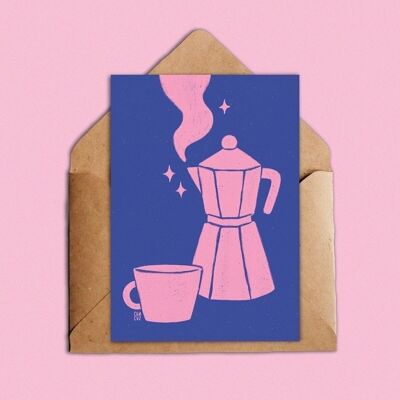Postal cafetera rosa y azul medianoche "café mágico" A6