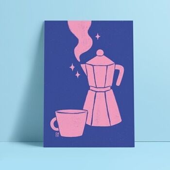 Carte postale cafetière rose et bleu nuit "magic coffee" A6 2