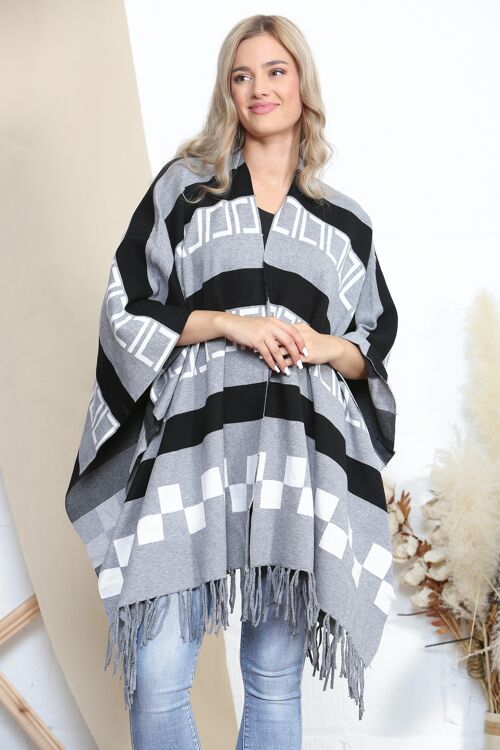 Black/Grey patterned poncho with tassels