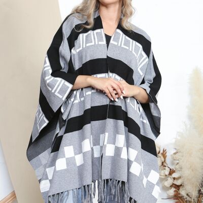 Black/Grey patterned poncho with tassels