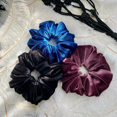 Set de regalo de terciopelo Scrunchies. Accesorios para el cabello de terciopelo negro, rosa y azul