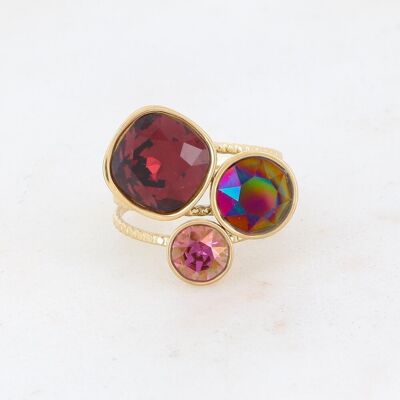 Golden trilogy ring in steel with Burgundy, Rainbow Dark and Lilac Shadow crystals