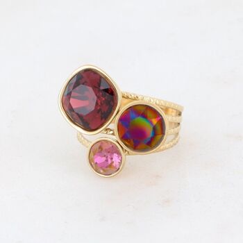 Bague trilogie dorée en acier avec cristaux Burgundy, Rainbow Dark et Lilac Shadow 2