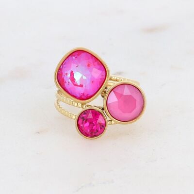 Golden trilogy ring in steel with Royal Red DeLite, Peony Pink and Fuchsia crystals
