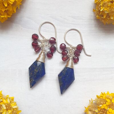 Lapis Lazuli and Garnet Earrings in Silver