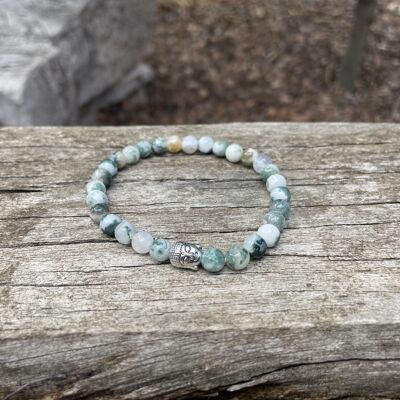 Lithotherapy elastic bracelet in Agate tree 6mm Silver Buddha head