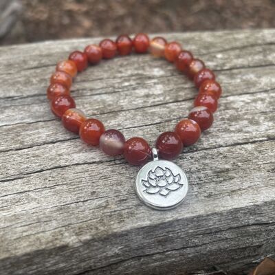 Pulsera elástica de litoterapia en Sardonyx natural - perlas de 8 mm Encanto de loto