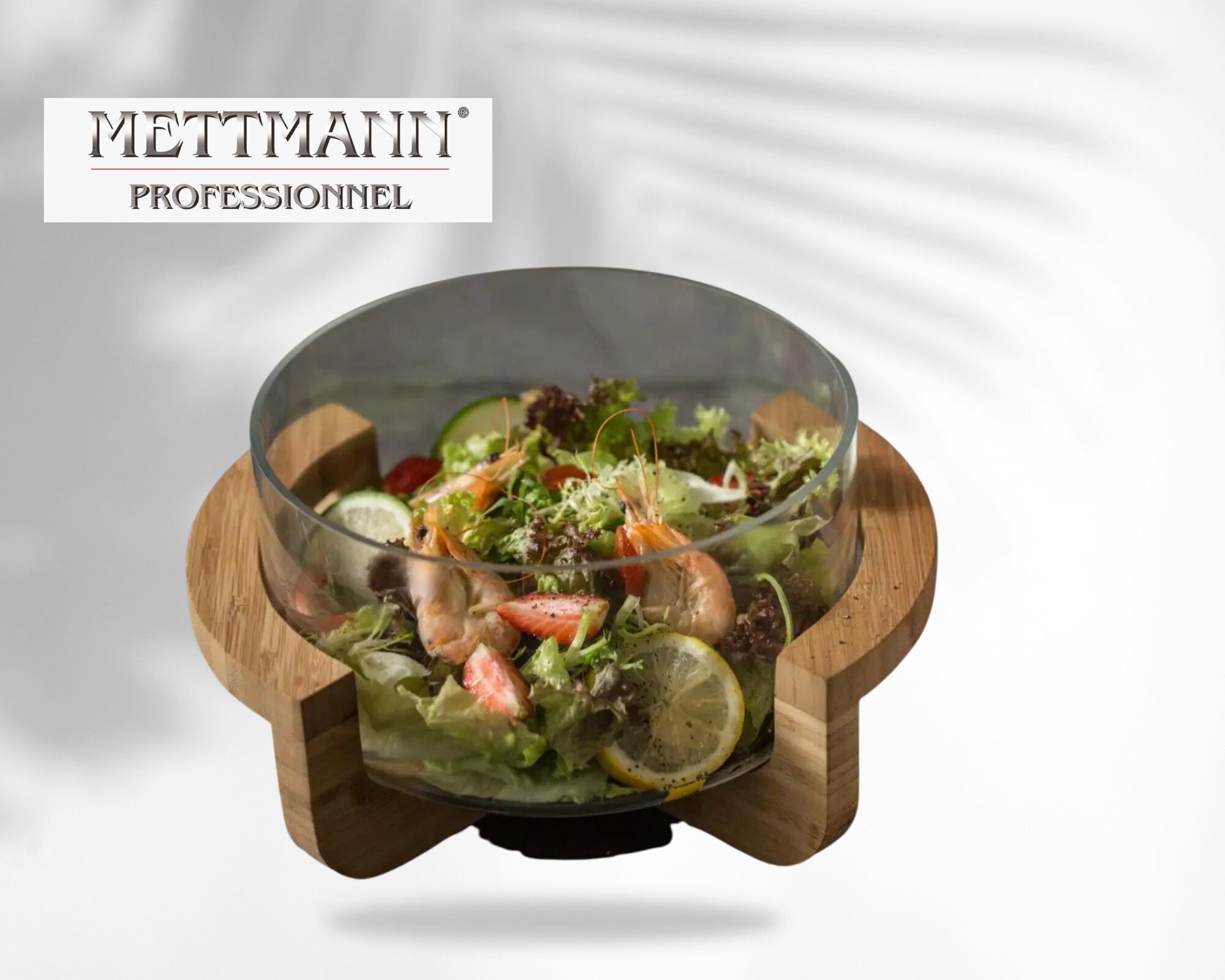 Transparente Salatschüssel mit Holzständer