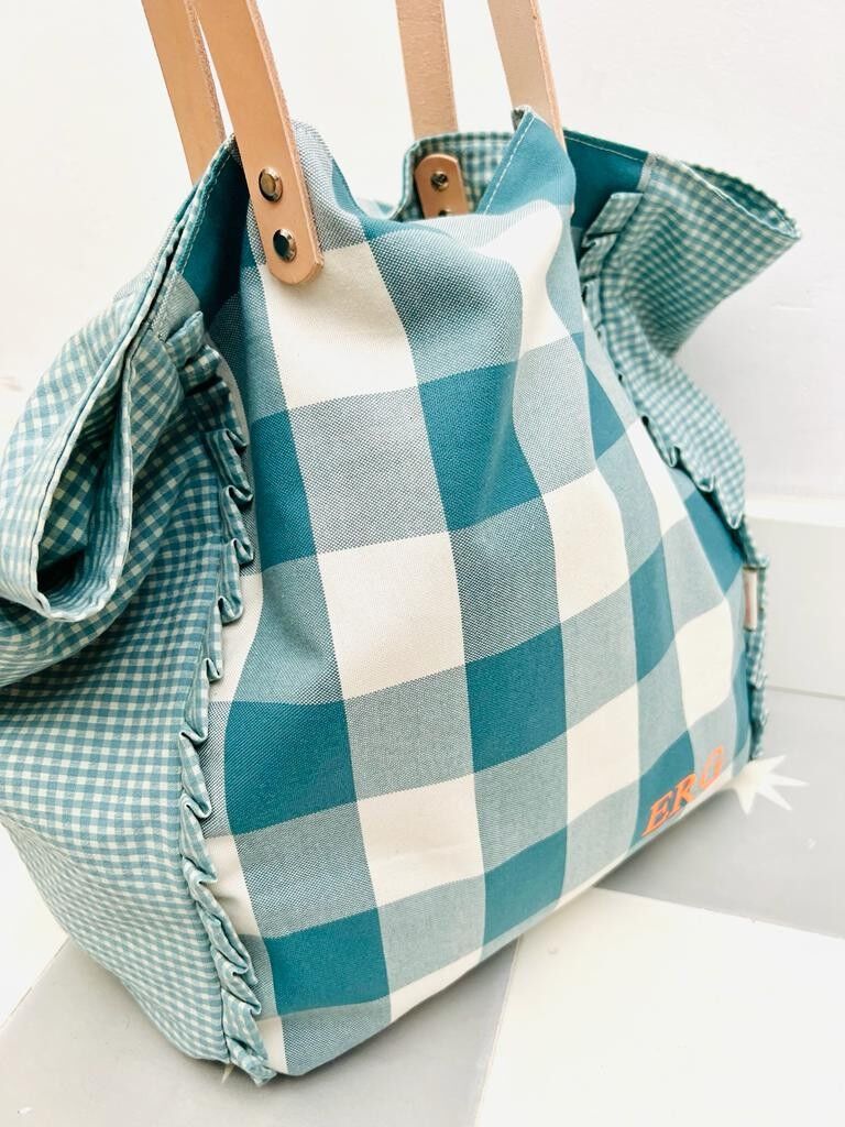 Maxi borsa a quadretti acquamarina