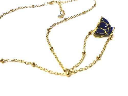 Necklace stainless steel gold with teacup dark blue