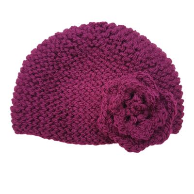 BONNET LAINE FLEURS BORDEAU