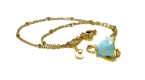 Necklace stainless steel gold with teacup pastel blue