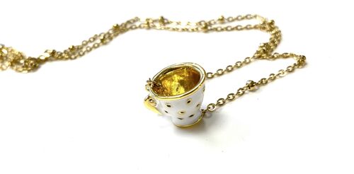 Necklace stainless steel gold with teacup white dots