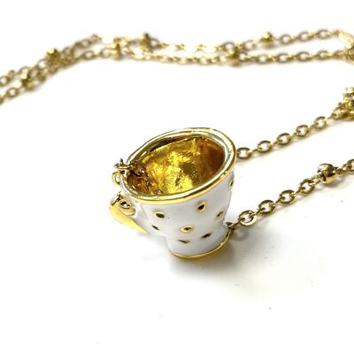 Collana in acciaio inossidabile dorato con tazza da tè a pois bianchi