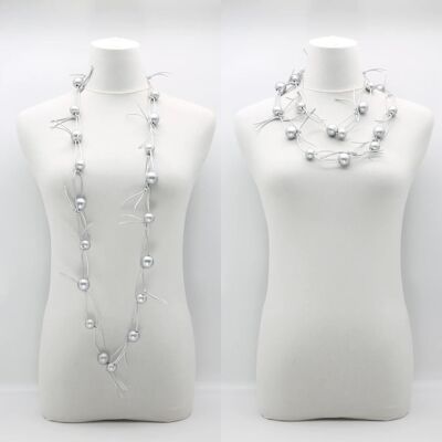 Round Beads on Leatherette Chain Necklace - Silver With Silver Chain