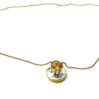 Necklace stainless steel gold with tea cup and saucer white