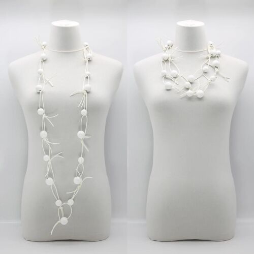 Round Beads on Leatherette Chain Necklace - White with White Chain