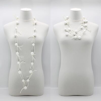 Round Beads on Leatherette Chain Necklace - White with White Chain