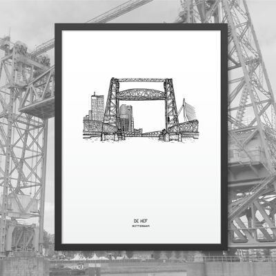 Póster Rotterdam, De Hef + skyline - Marco negro