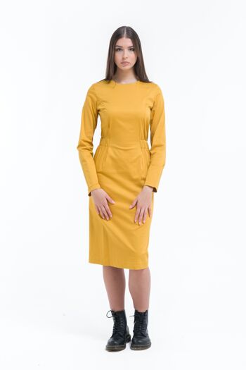 Robe fourreau casual chic jaune ocre manches longues 1