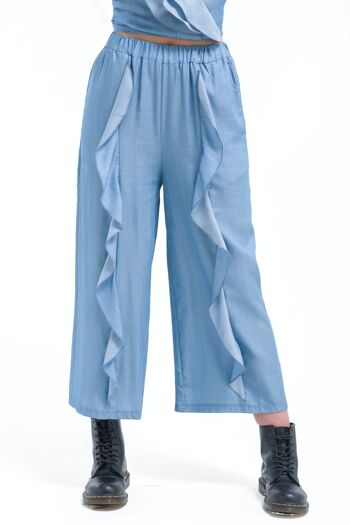 Pantalon jupe-culotte à volants bleu clair 1