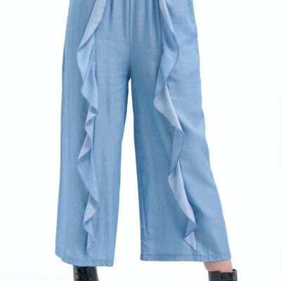Pantalon jupe-culotte à volants bleu clair
