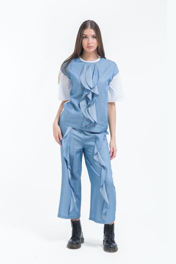 Pantalon jupe-culotte à volants bleu clair 2