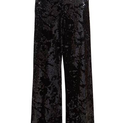 La Mia - Black Sequin Velvet Floor-Length Wide Leg Trousers