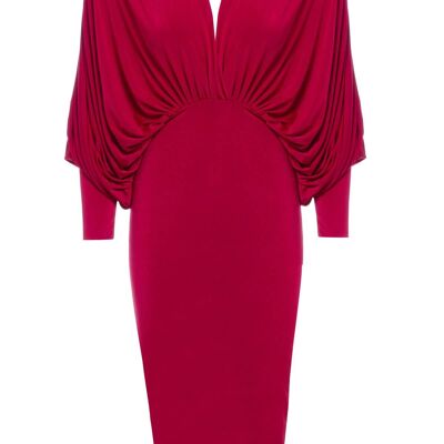 Lea - Red - Red Plunge Front and Back Batwing Midi Dress