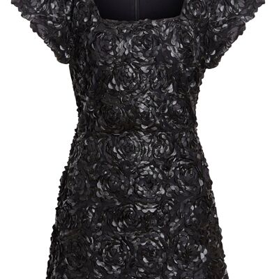 Rita - Black Puffed Lace Cap Short Sleeve A-Line Dress