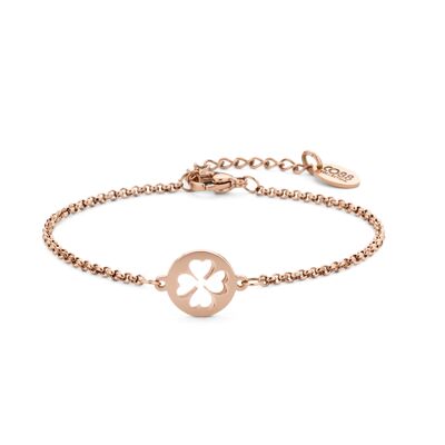 Pulsera de acero inoxidable chapada en iones de oro rosa con colgante de trébol